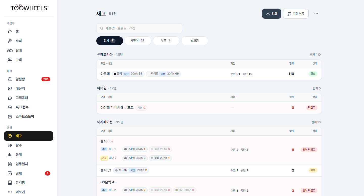 hub2 재고 화면 — 브랜드별 모델·색상 재고와 지점별 수량 (시험 데이터). hub2 inventory screen with test data.